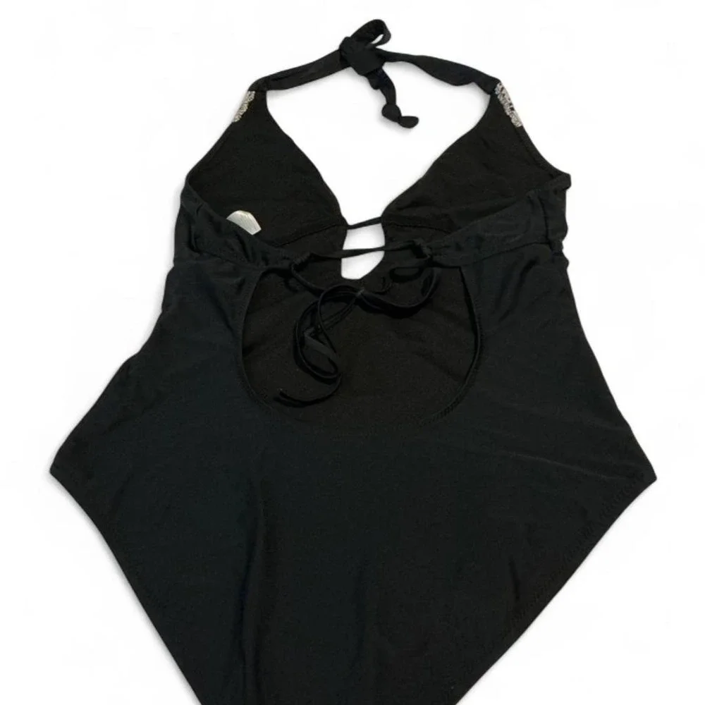 Kona Sol One Piece Swimsuit Women Large Black Crochet Halter V-Neck‎